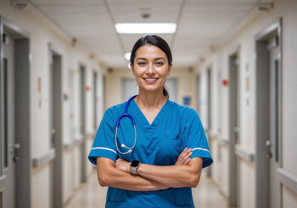 nurse-hospital-hallway-smiling-camera